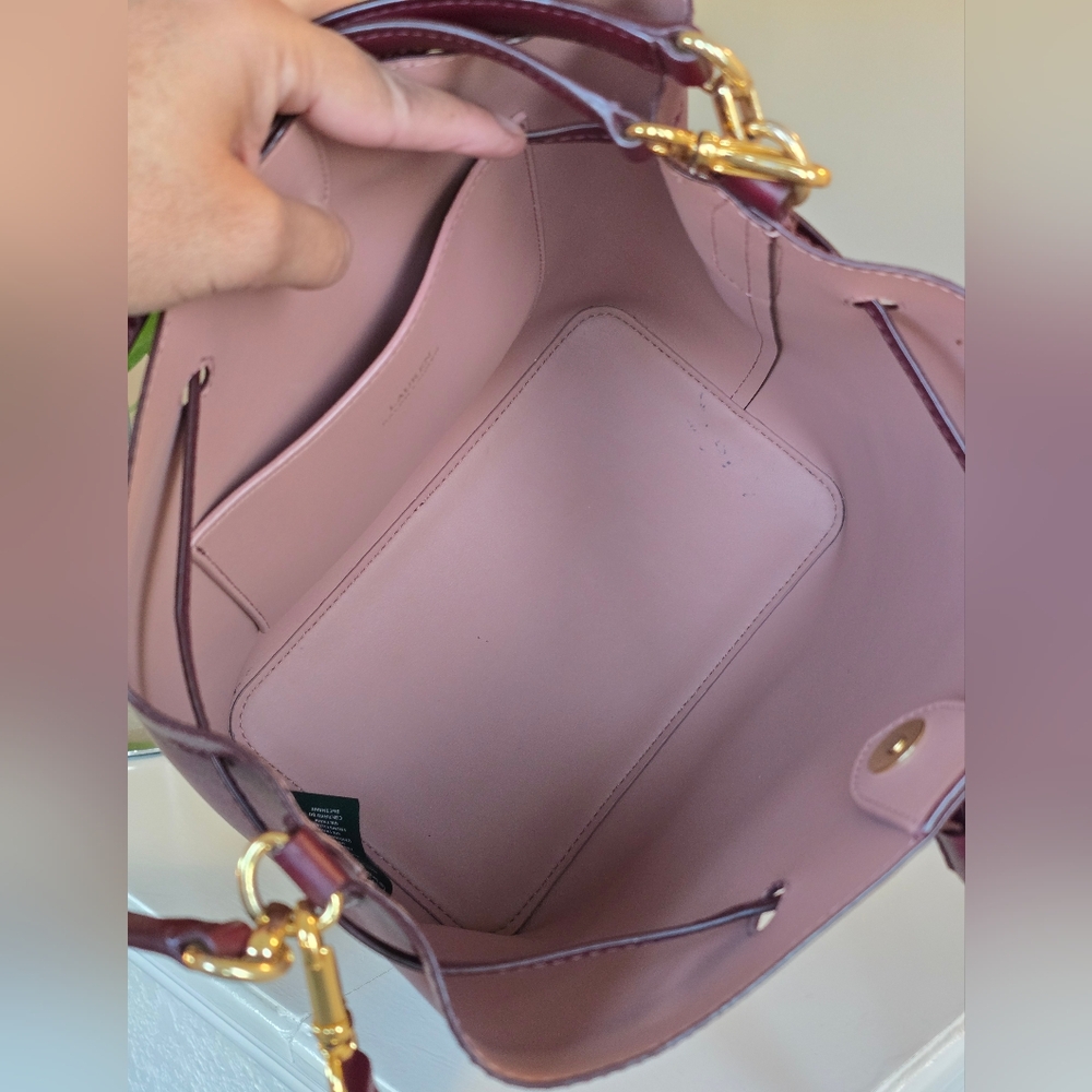 Lauren Ralph Lauren Burgundy Leather Drawstring Satchel - Picture 10 of 16